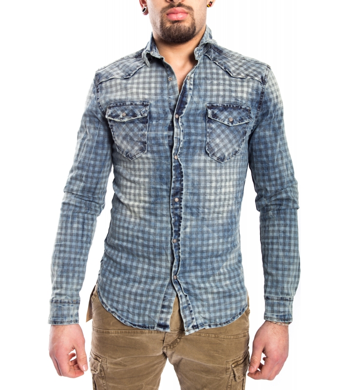 Camicia jeans UOMO con stampa quadretti BLU CJ 9023