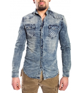 Camicia jeans UOMO con stampa quadretti BLU CJ-9023