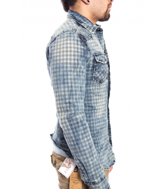 Camicia jeans UOMO con stampa quadretti BLU CJ-9023
