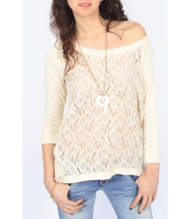 PLEASE jersey with lace + necklace CREAM M908H461 NEW