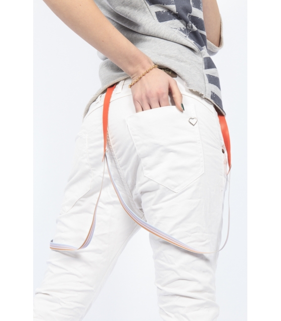 PLEASE jeans boyfriend baggy with zip + braces WHITE P59DCV9DQ NEW