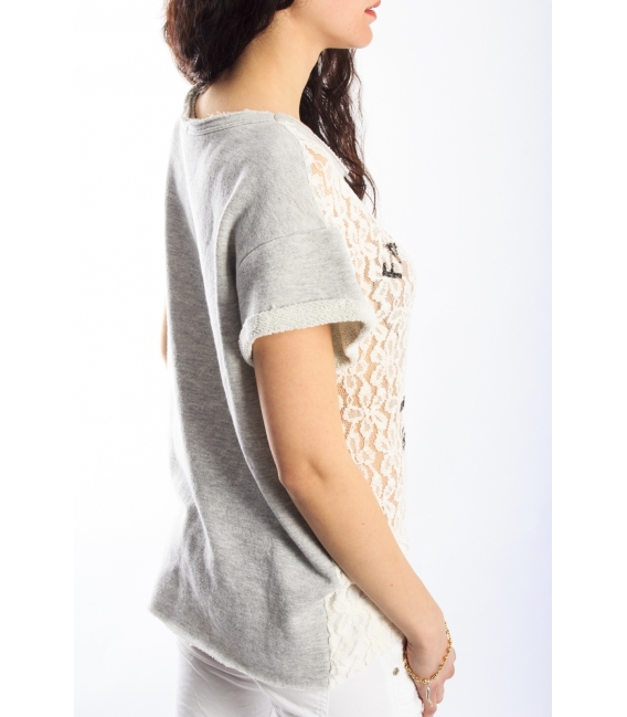 PLEASE T-shirt with print and lace NEUTRAL M37002405 NEW