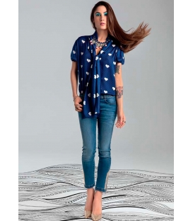 DENNY ROSE camicia/blusa con stampa a cuori 45DR41011 BIANCO E BLU SPRING 2014