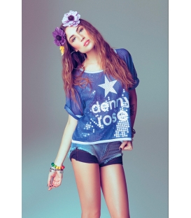 DENNY ROSE t-shirt con stampa e paillettes 45DR62006 BLU SUMMER 2014 NEW