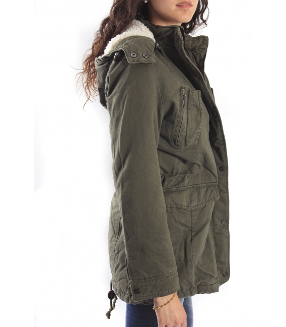 SLIDE OF LIFE Parka with zip, hood and fur inside GREEN NEW