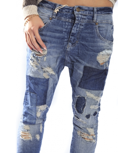 PLEASE jeans boyfriend baggy with zip patches + rips P38GBQ2UW DENIM NEW
