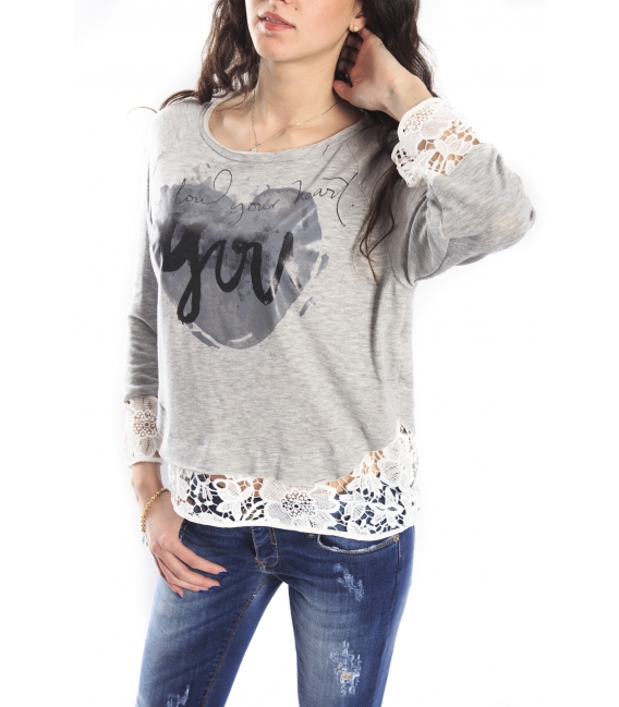 MARYLEY Sweatshirt with lace REY/ECRU art. 5EB849 SPRING 2015 MADE IN ITALY